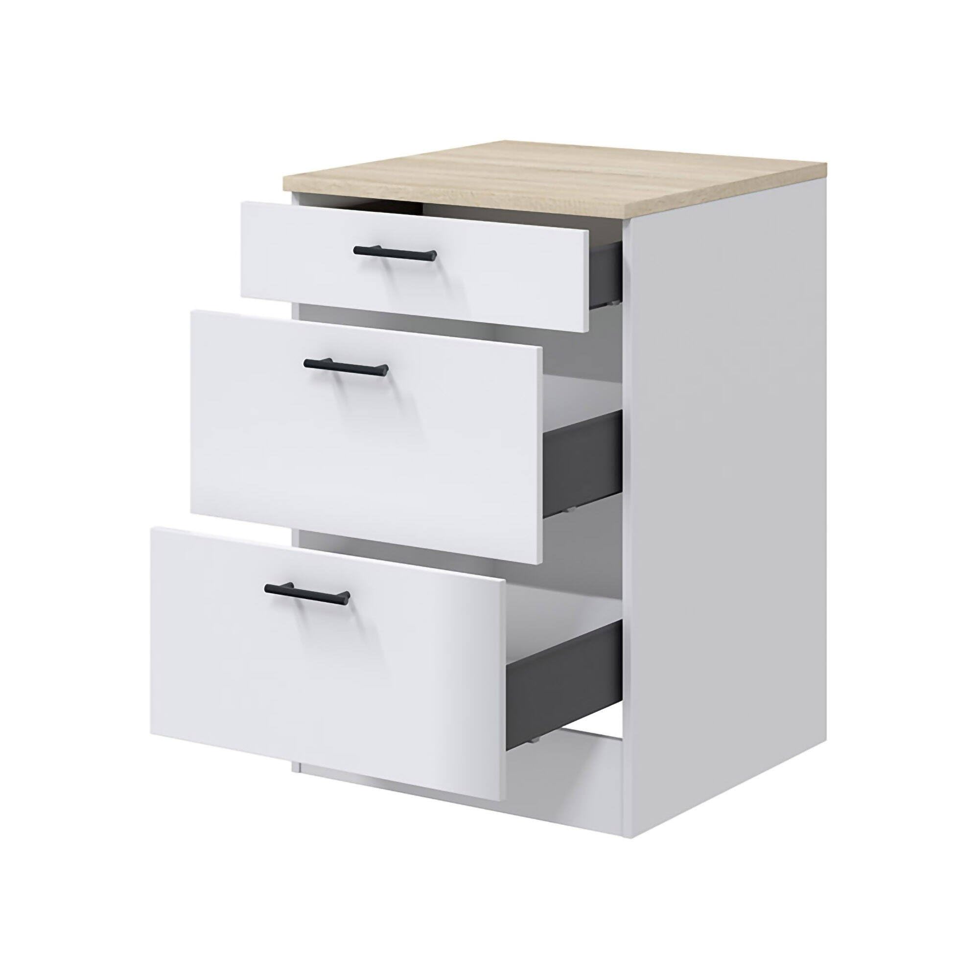 Mobile 3 cassetti Cuggiono, Cassettiera da cucina, Modulo contenitore con cassetti, Base con cassetti estraibili, 60x60 h90 cm, Bianco e Rovere