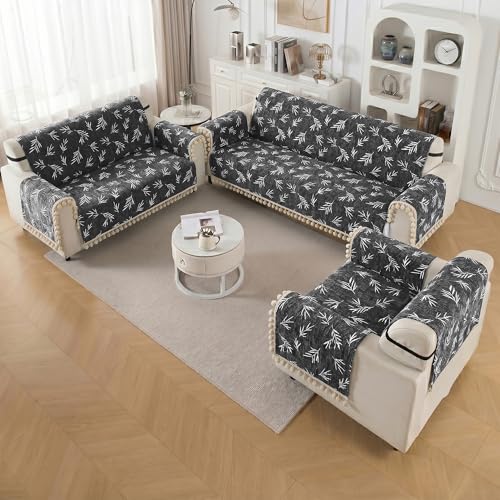 Image of Story@Home Chenille Sofa Cover 3 Seater Fully Covered with Back Covers (152x178Cm) & Arm Rest Covers | Anti Slip Sofa Mat for 1 /2 /3 Seater & L Shape Sofa Cover - Slate & Snow