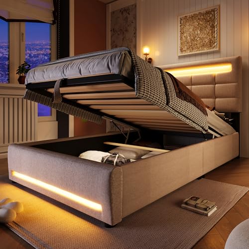 LAKFEW Cama Individual Camas Juveniles 90x200 cm con USB y LED, Cama 90 con Almacenamiento Hidráulico, Camas Individuales con Estructura Metálica y Listones de Madera, Beige, Sin Colchón