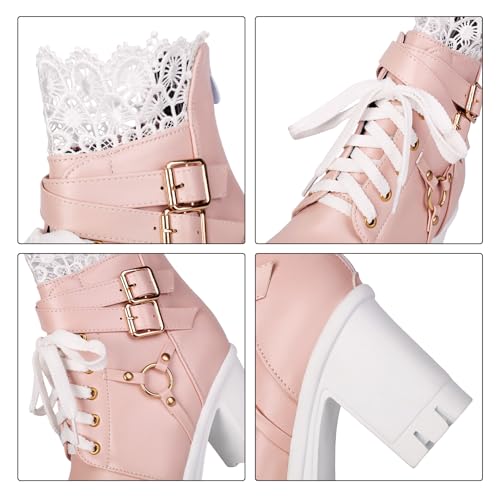 Image of BEAUPAS Women's Gothic Lace Up Platform Ankle Boots Buckles | Buckle Strap, Chunky High Heel, Lace Cuff Top, Platform Combat Boots, Women's Footwear
