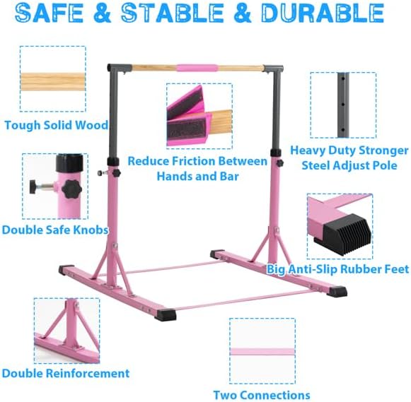 Gymnastics Training Bar with Handgrips, 5FT/6FT Adjustable Height Gym Equipment, Pink Gymnastics Kip Bar for Kids and Teenager Ages 3-15, Gymnastic Horizontal Bar for Gymnast