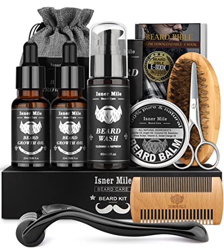 Beard Growth Kit - Beard Kit with Beard Roller, Beard Growth Oil(2 Pack), Beard Wash, Beard Balm, Beard Brush, Comb, Shaving Scissors, Bag, eBook, Birthday Gifts for Fathers Boyfriends Dad Men Him