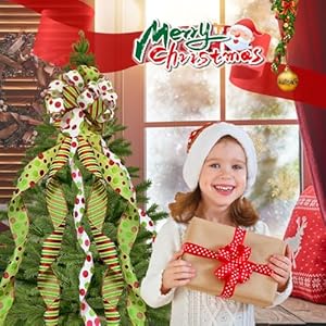 Large Christmas Tree Bow Topper 51 x 13 Inch - Red, Green & White Polka Dot Gift Bow with Sparkling Glitter Streamers for Xmas Trees Party Festival Decor Large Christmas Tree Bow Topper 51 x 13 Inch Red Green White Polka Dot Gift Bow with Sparkling Glitter Streamers for Xmas Trees Party Festival Decor