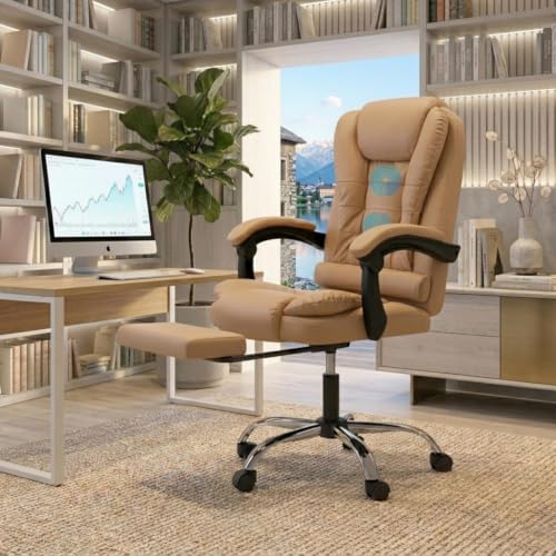Image of Casa Copenhagen Italia Leatherette Office Chair for Work | Boss Chair, Ergonomic Executive, Luxurious Cushioned Arms & Seat, 2 Point Back Massager, Adjustable Leg Rest, Heavy Duty Metal Base (Beige)