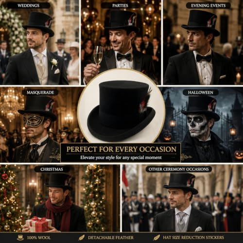 Image of Wool Top Hat for Men Women Topper Hat Mens Tall Tophat Christmas Costume