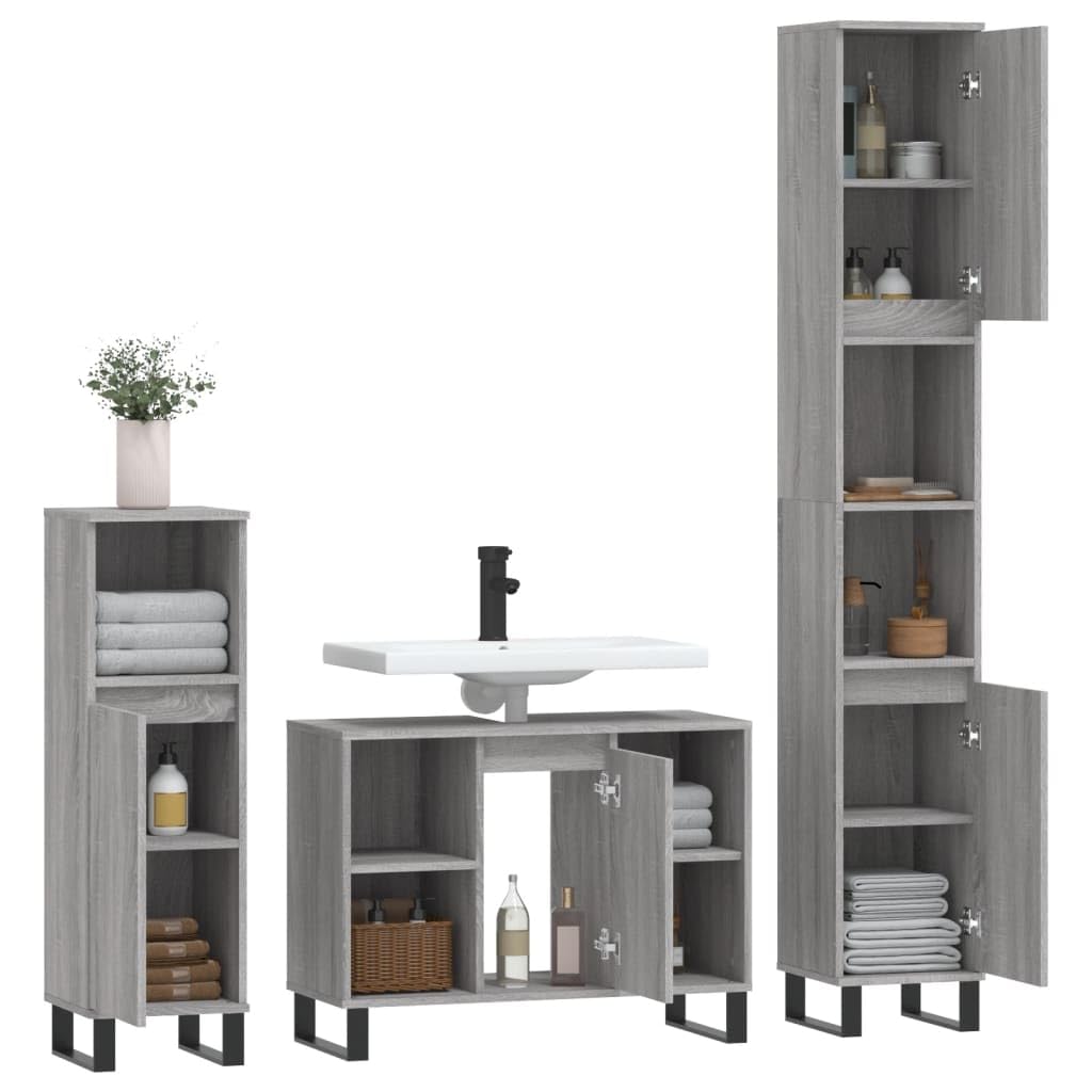 Set di mobili da bagno in legno Sonoma grigio, 3 pezzi, con mobiletto per lavabo, armadietto alto, armadietto a specchio, cassetto, scaffale, salvaspazio, per bagno e WC degli ospiti