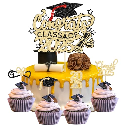 Gyufise 25Pcs Graduation Cupcake Toppers Congrats Grad Class of 2025 Cake Decoration for We Are Proud of You Themed Graduation Cap Diploma Cake Decorations I’m Done Party Supplies Black Gold