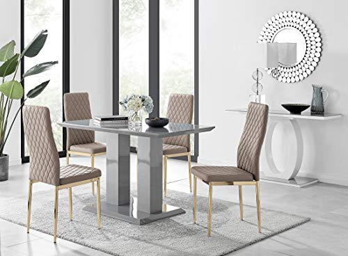 Furniturebox UK Imperia 4 Grey High Gloss 4 Seater Pillar Style Kitchen Dining Table & 4 Cappuccino Faux Leather Gold Leg Milan Dining Chairs
