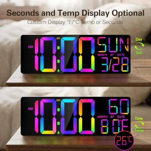 Image of JALL 18 inch Large Digital Wall Clock with Big Numbers for Classroom, 12 RGB Wall Clock with Date and Temp for Teachers Seniors, Digital Clock for Living Room, Black