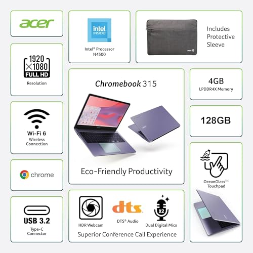 Image of Acer Chromebook 315 Laptop, 15.6 inch FHD, Intel Celeron N4500, 4GB RAM, 128GB