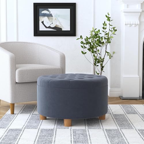 Image of HomePop 28 inch Button Tufted Velvet Round Storage Ottoman - Steel Blue Velvet