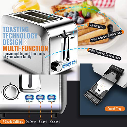 Toaster 2 Slice Stainless 2 Slice Toaster Best Rated Prime Wide Slot Toaster with Removable Crumb Tray 7 Bread Shade Settings, Bagel, Defrost, Cancel Function