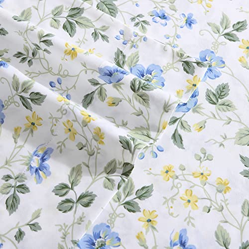 Image of Laura Ashley - Queen Sheet Set, Buttery-Soft Bed Sheets with a Naturally Silky Smooth Cotton Sateen Lightweight Feel - Matching Pillowcases & Fitted Sheet (Meadow Floral Blue)