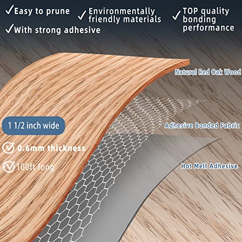 Image of Red Oak Edge Banding, 1 1 /2 inch x 100ft roll of Real Wood Edge Banding Pre-glued Flexible, Veneer Tape Banding for Cabinet Repair Furniture Restoration