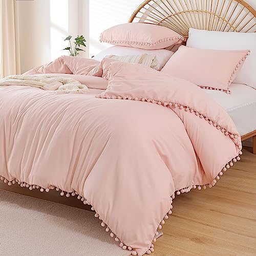 YIRDDEO Queen Comforter Set - Comforter Queen Size Sets with Ball Pom Fringe, Soft Bedding Set for All Seasons - 3 Pieces, 1 Comforter (90"x90") & 2 Pillow Shams (20"x26"), Blush