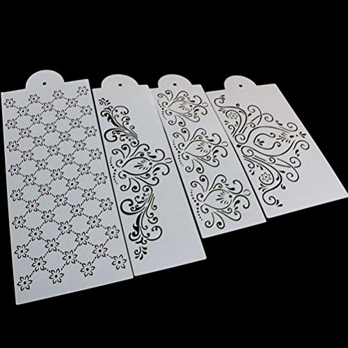 Ikasus AFSSS900773WBBWHITE 4 Pcs Cake Decorating Stencils Mold Plastic Templates Spray Floral Cake Mold Fine Hollow Lace Cookie Fondant Dessert Decorating Molds Side Baking Mesh Stencil Tool thumb #1