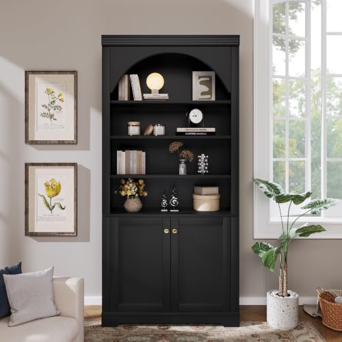 Image of Modern Display Tall Bookshelf with 4-Layer LED Light(Black Style2) | Bookcase with Doors & Adjustable Shelves, Storage Bookshelf for Living Room & Home Office, Display Cabinet with Open Shelves
