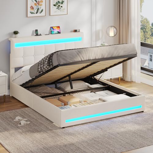AOGLLATI Lit Coffre 140×190cm avec LED et Ports USB, Lit Double avec Rangement, Tête de Lit réglable, Rembourré Sommier à Lattes, Hydraulique, Lin Beige(sans...
