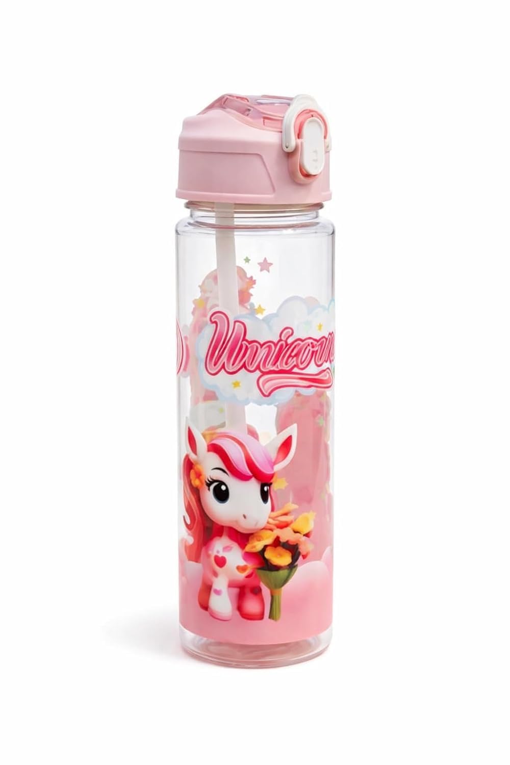 kids water bottle with cartoon print and wrist strap, transparent reusable drinking bottle for school, travel and outdoor activities, leak resistant wide mouth design (1, cute cartoon design-500ml)