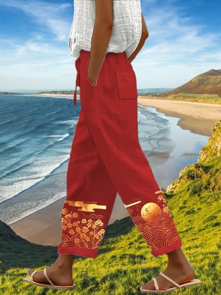 Womens Boho Graphic Casual Pants Loose Fit Elastic Waist Cotton Trouser Cropped Summer Trendy Wide Leg Pants - Image 3