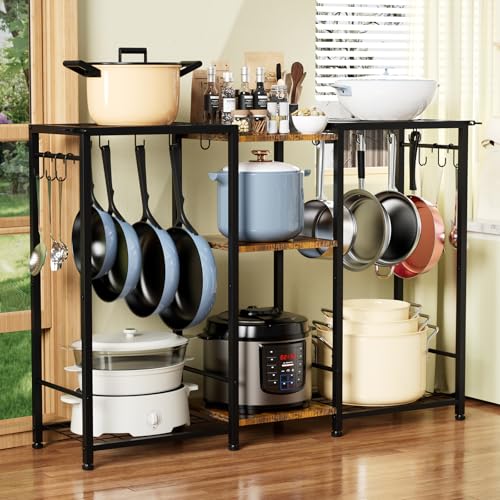 Pot Rack —Expandable Pot and Pan Organizer Rack, Freestanding Kitchen Pot and Pan Rack Storage Stand, Vertical Pan & Lid Hanging, Rustic Wood Top for Kitchen Storage & Organization