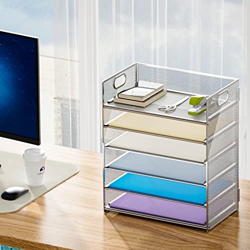 Image of Marbrasse 2 Pack Desk Organizer with Handle, 6 Tier Paper Letter Tray, Mesh Desk File Organizer for Office, School and Home - Silver