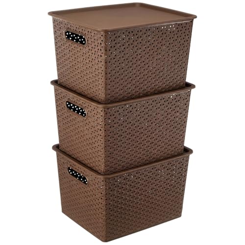 Image of Amazon Basics Set of 3 Plastic Storage Baskets with Lid - Stackable Organiser for Wardrobe, Kitchen, Clothes, Toys, Books, Office Multipurpose Shelf Basket (Large, 36x30x22 cm) | Brown, Rectangular