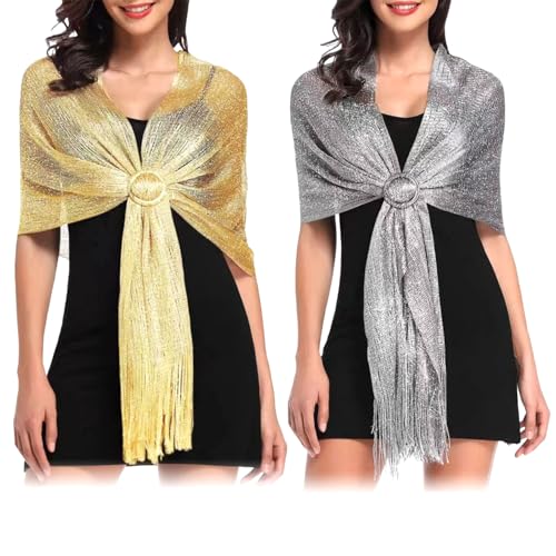 XHYASD 2-teilig Glitzer Stola Set Damen, Gold & Silber Metallisch Stola für Abendkleid Hochzeit, Mit Schalschnalle Elegante Schals für Braut & Festliche Anlässe
