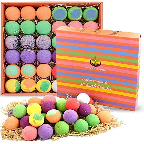 Bulk Bath Bomb Gift Set - 36 Nurture Me Organics Bath Bombs Large Bath Fizzies! Gift Box of Bulk Bath Bombs. Dry Skin Moisturize Natural Spa Bath Balls. Best Gift for Women, Gifts for Mom & Friends!