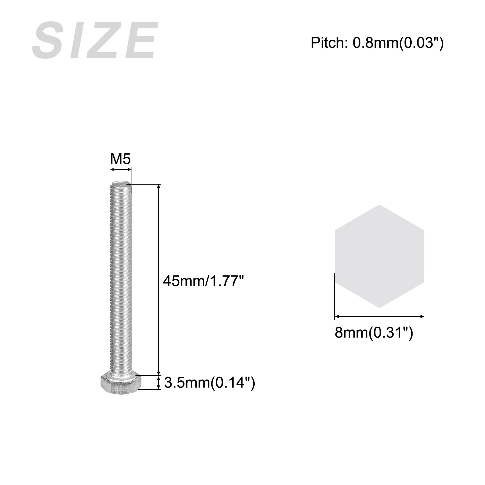 METALLIXITY Hex Bolts (M5-0.8x45mm) 15Pcs, 304 Stainless Steel Coarse Fully Threaded Hex Head Screw Bolt Machine Screws - Image 2