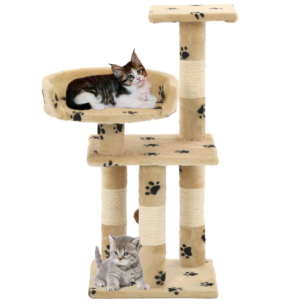 Katzenkratzbaum 65 cm Kleiner Kratzbaum Fuer Katzen mit Sisal-Kratzsaeule und Spielball - Kletterbaum mit Aussichtsplattform, Pfoten-Muster Beige