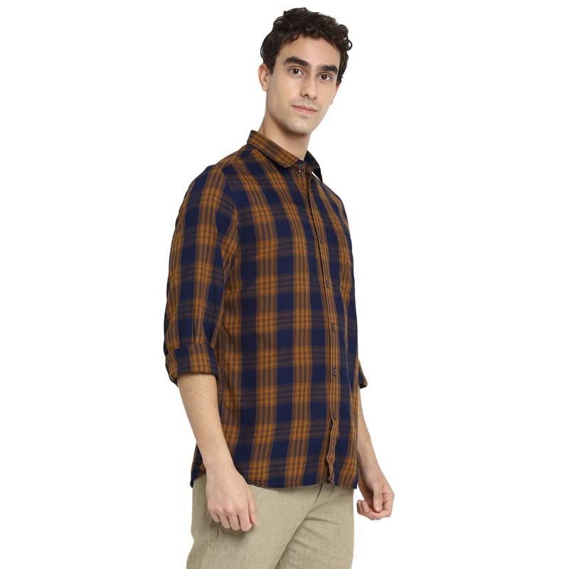 Image of Turtle Men Khaki Cotton Checked Slim Fit Shirts