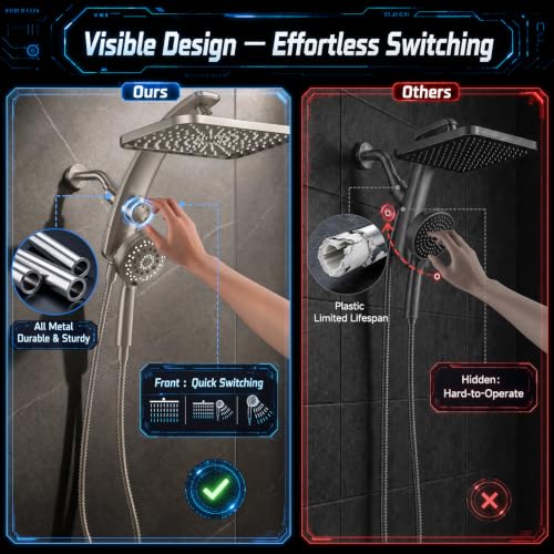 Image of Veken 12 inch Rain Shower Head with Handheld,High Pressure Power Wash,Magnetic | Starlight,Dual Shower Heads Combo,8-Mode Hand Held Spray with Hose,Double Detachable Rainfall Showerhead,Bathroom Accessories