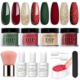 AZUREBEAUTY Dip Powder Nail Kit, 4 Colors Dark Red Green Gold Glitter Dipping Powder System Liquid Set Recycling Tray, French Nail Art Base & Top Coat Activator DIY Salon at Home