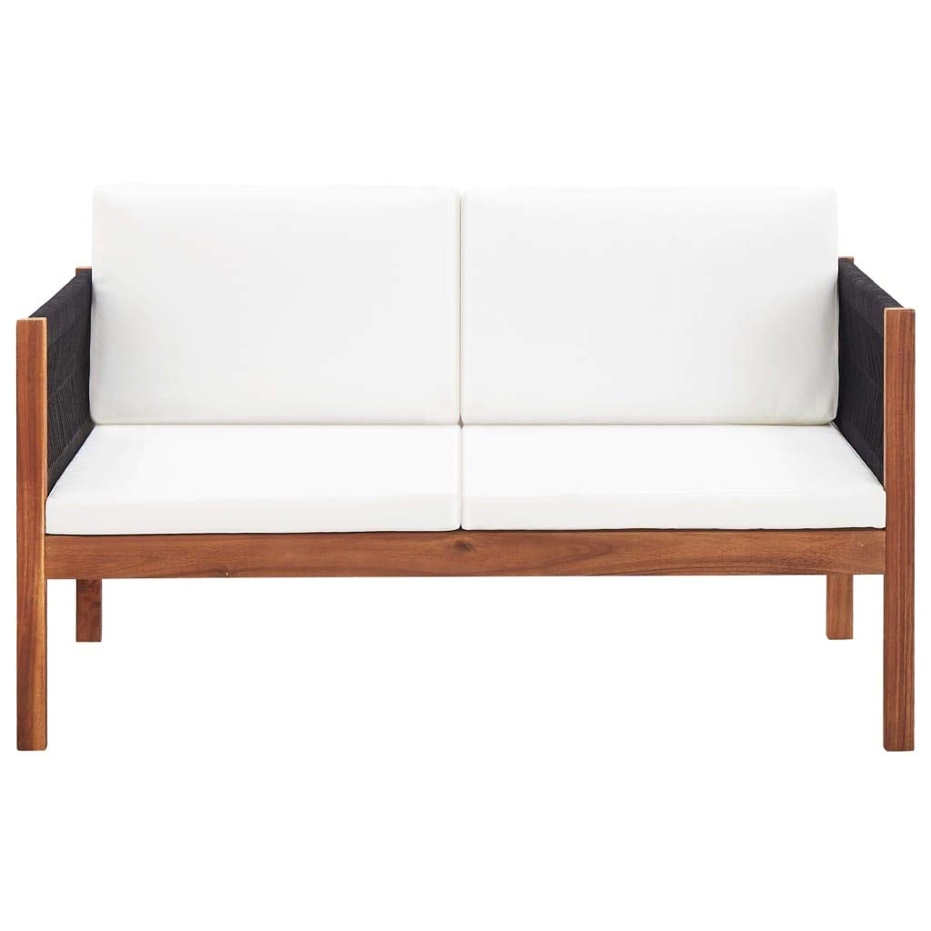 Divano da Giardino a 2 Posti in Massello d'Acacia con Cuscini, Panca Esterna Portatile in Legno Naturale e Corda Nera, 122x65x60 cm per Terrazzo Balcone Giardino, Seduta per Relax Allaperto