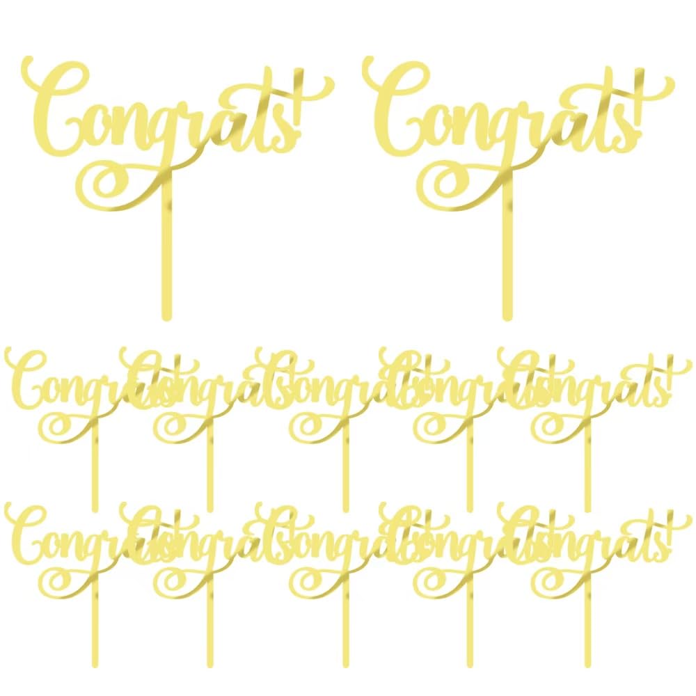 Crseniny 12 Pcs Congrats Cake Topper,Gold Acrylic Celebration Cake Topper,Congrats Grad/Birthday/Wedding/Anniversary/Engagement/Retirement/Graduation