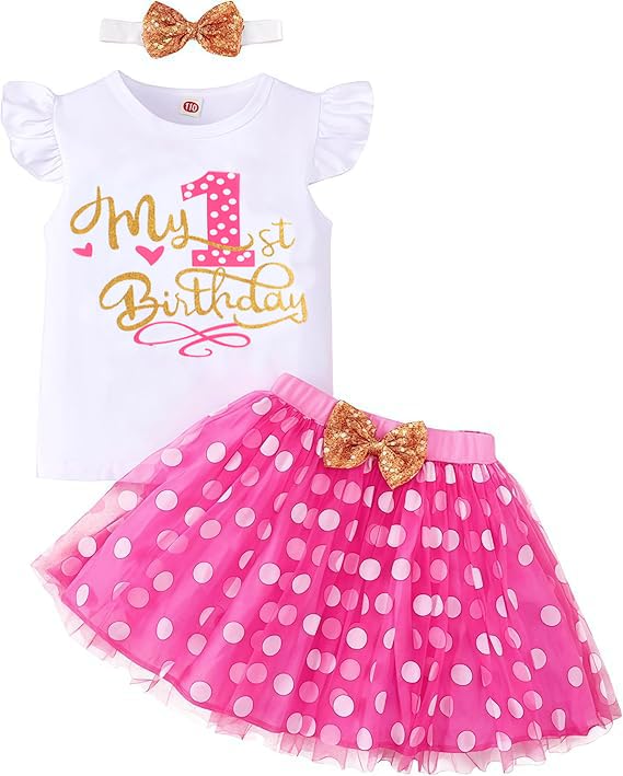 Baby girl 1st birthday outfit Birthday printed one-piece top + ballet skirt + headband 3-piece set of clothes2
