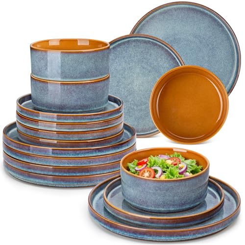 vancasso ONION Vajillas Completas 24 Piezas para 8 Personas, Vajilla Modernas de Gres - 8 Platos Llanos, 8 Platos de Postre y 8 Cuencos - Esmaltado Reactivo Gris Azul, Apto para Microondas
