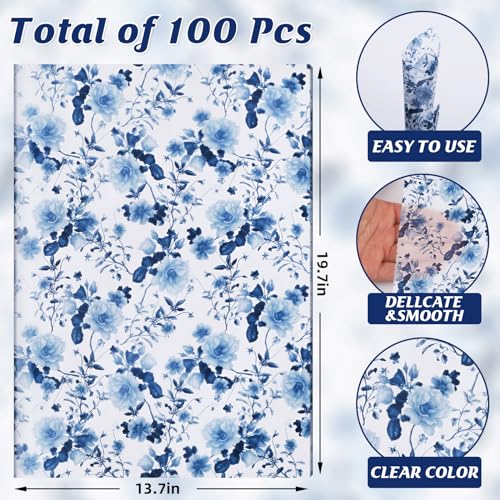 Welpurch 100 Folhas de Papel de Seda Floral Azul e Branco, Papel de Embrulho Estilo Chinoiserie, Pap