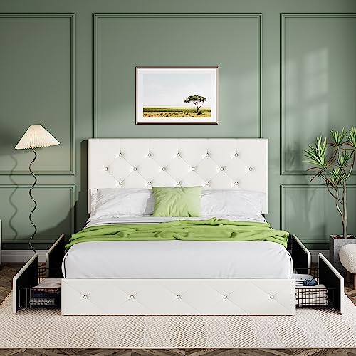 Allewie Upholstered Full Size Platform Bed Frame with 4 Storage Drawers and Headboard, Diamond Stitched Button Tufted, Mattress Foundation with Wooden Slats Support, No Box Spring Needed, White