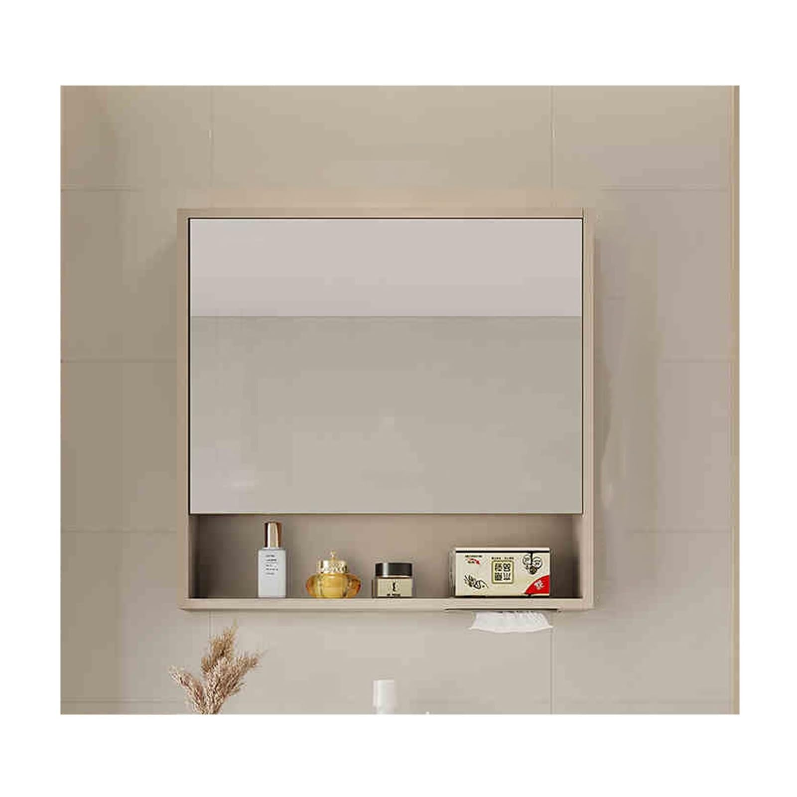 BKSXSOP Wall-Mounted Bathroom Mirror Cabinet with Double Doors & Shelf - Stylish Cream Vanity Storage, 60cm (23.6in) Space-Saving Mirrored for Modern Bathrooms