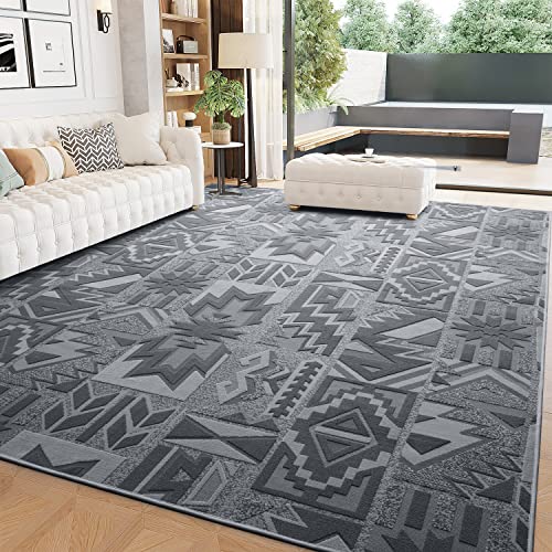 Area Rug 5X7 Feet-Southwestern Moroccan Aztec Tribal Rug Carpet-Boho Rugs For Living Room Bedroom-Machine Washable Non Slip 3D Woven-Dark Grey #TOP17