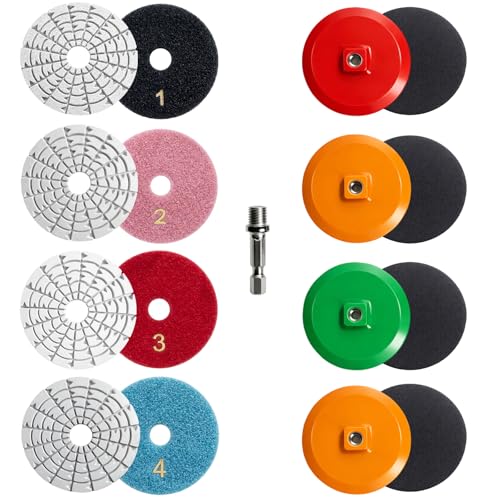 4-Step Quick Polish Dry-Performance Diamond Polishing Pads 4 Inch for Granite Concrete Quartz Marble Countertop Wet/Dry Polish Kit for Drill Grinder Polisher Granite Polishing Pads Kit