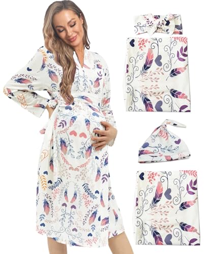 Image of WINROLA Maternity Robe with Matching Swaddle Set, Mommy Me Set Soft Women Maternity Sleepwear Bathroom Long Sleeves Robe