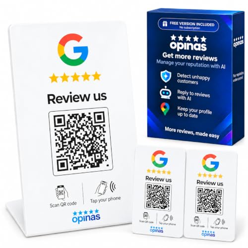 OPINAS Google Review Stand NFC and QR Code - Counter Plate + 2 Tap Cards | Tap to review sign for shops, salons, restaurants and hotels. AI reply app included. Works with iOS and Android