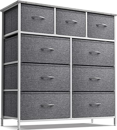 Image of Sorbus Dresser with 9 Drawers - Furniture Storage Chest Tower Unit for Bedroom, Hallway, Closet, Office Organization - Steel Frame, Wood Top, Easy Pull Fabric Bins (Grey)