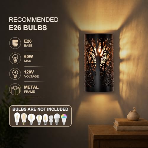 Image of Rustic Wall Sconces Set of 2, Hardwired Matte Black Metal Tree Shadow Industrial Wall Light Fixtures, 1-Light E26 for Bedroom Hallway Cabin
