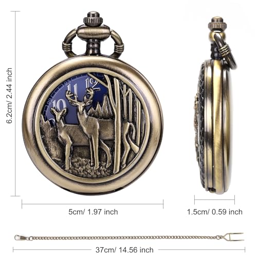 Image of SIBOSUN Pocket Watch with Chain Oversized 50MM 1.96 Inch Deer Reindeer Woodland Men Vintage Box Quartz Pocket Watches Analog