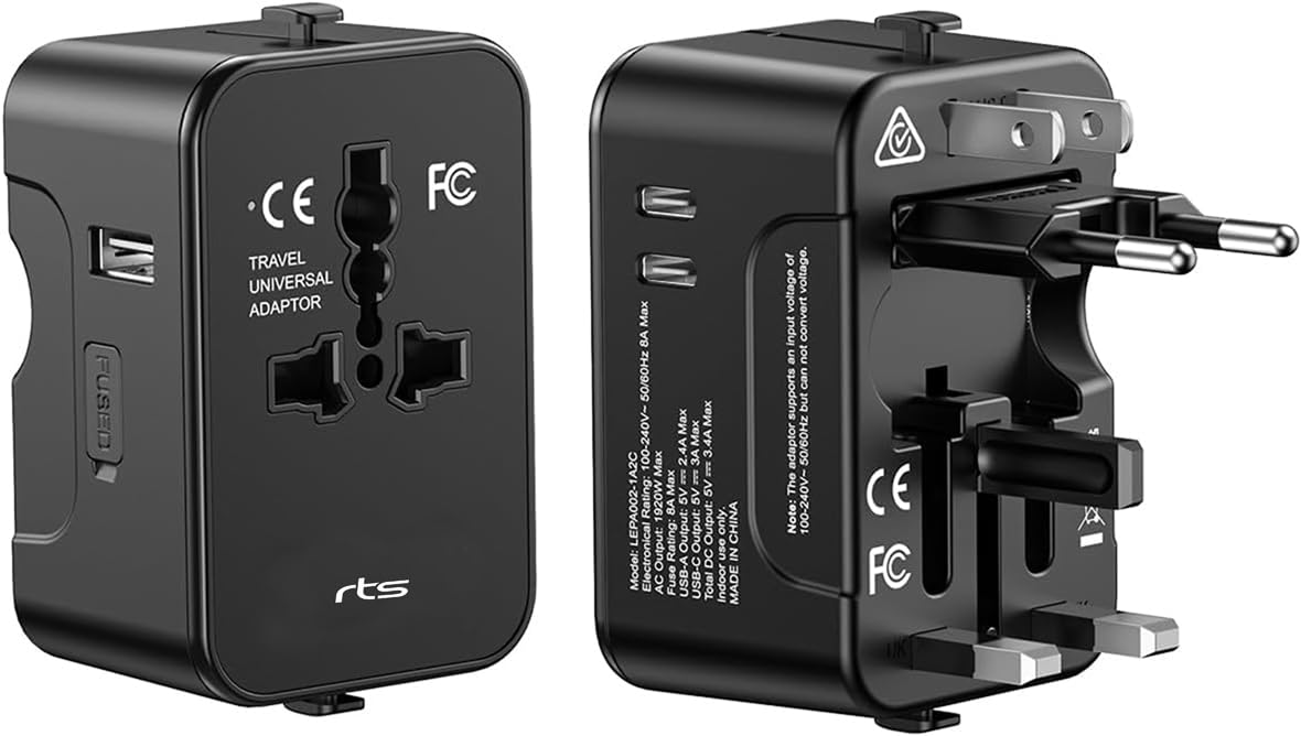 Travel Adapter with 2 USB A+1 USB C, Universal All in One Worldwide Travel Adapter, International Power Converters Wall Charger Power Plug Adapter for USA EU UK AUS Multi Type Power Outlet 6A Fuse