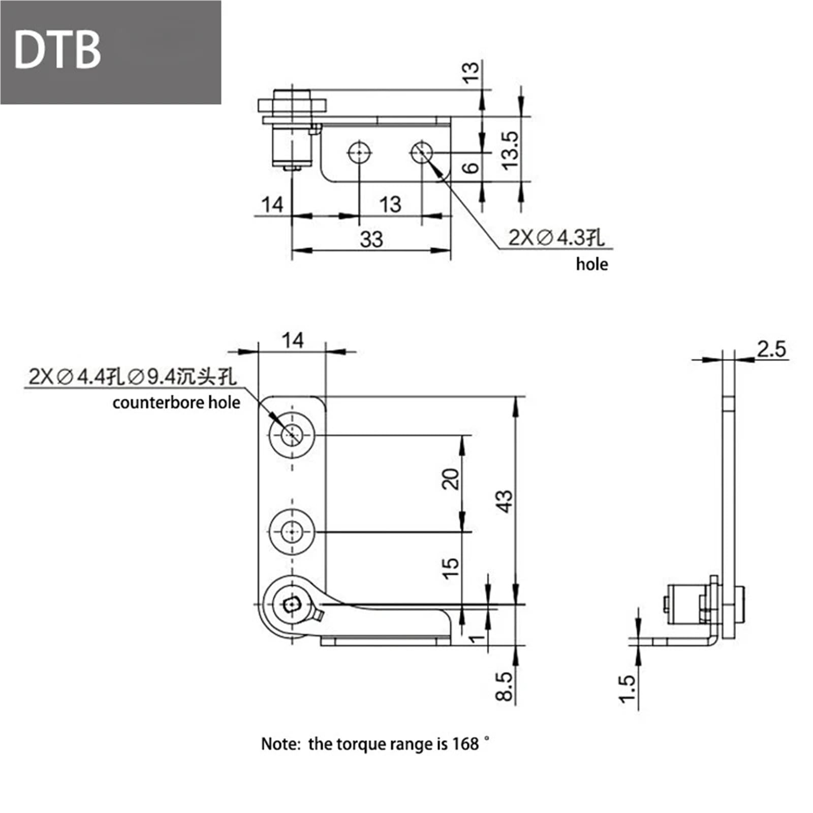 Bisagra de amortiguación de acero inoxidable con tope de torsión ajustable en cualquier lugar, 1 unidad(DTB Right,1.5N.m)